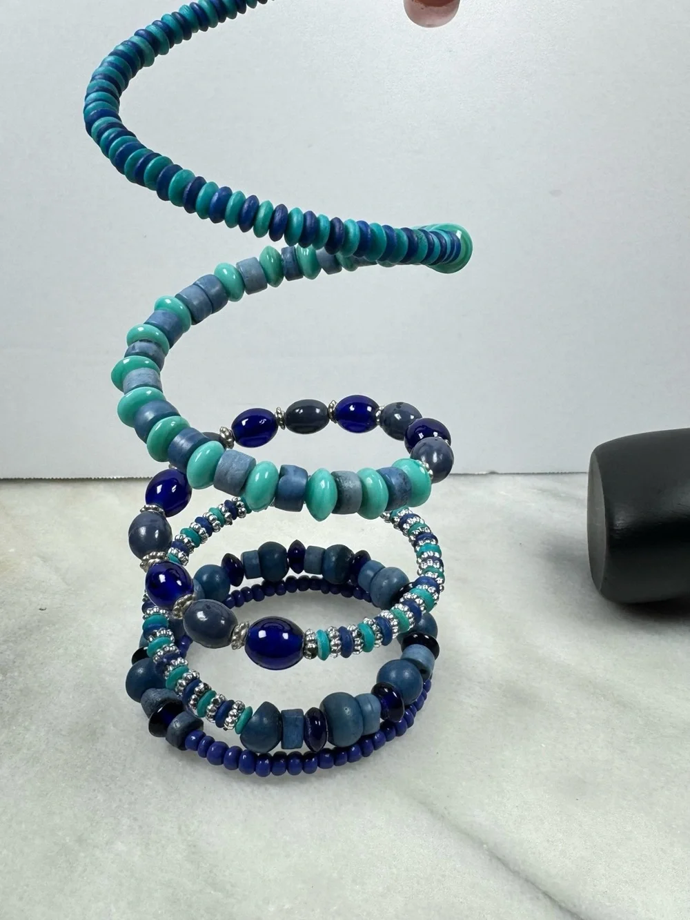 Ocean Hues Multi-Strand Beaded Bracelet Stack - Blue & Teal